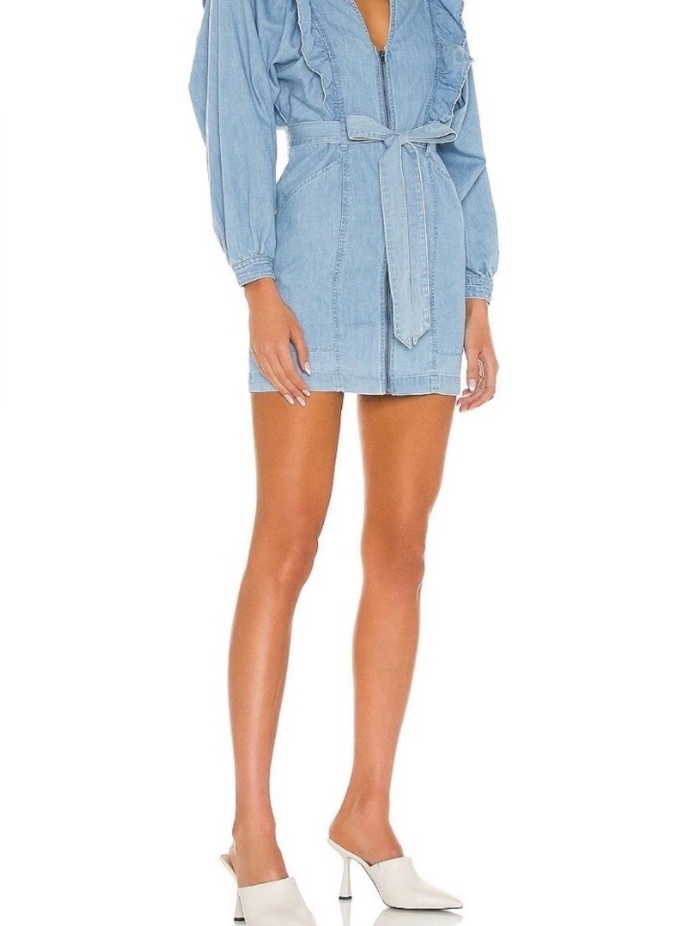 Free People Light Blue Denim Tie-Waist Mini Dress